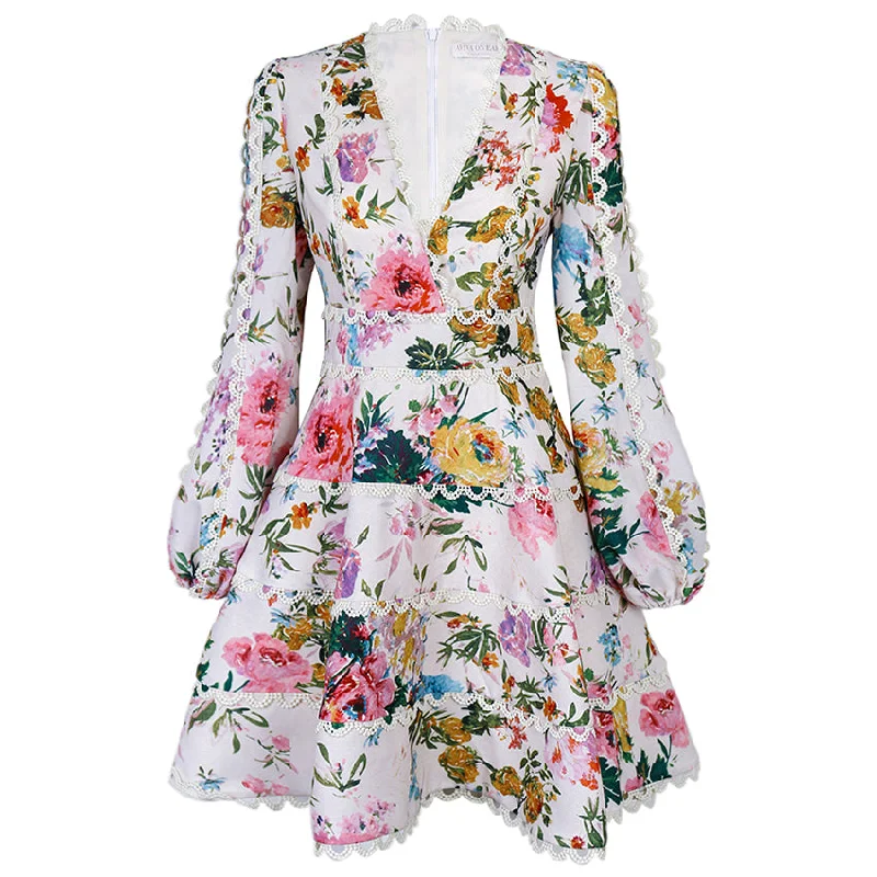 Satin Yellow Maxi Dresses-Aviva on Earth -Long Puff Sleeve Deep V-Neck Floral Fit & Flare Dress