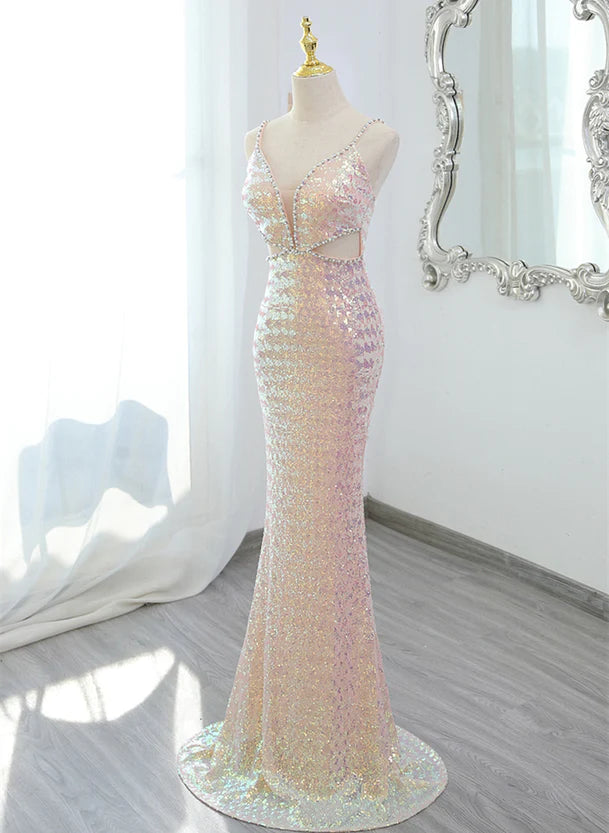 Strapless Work Maxi Dresses-Lovely Sequins Mermaid V-neckline Straps Party Dress Sequins Long Formal Dress