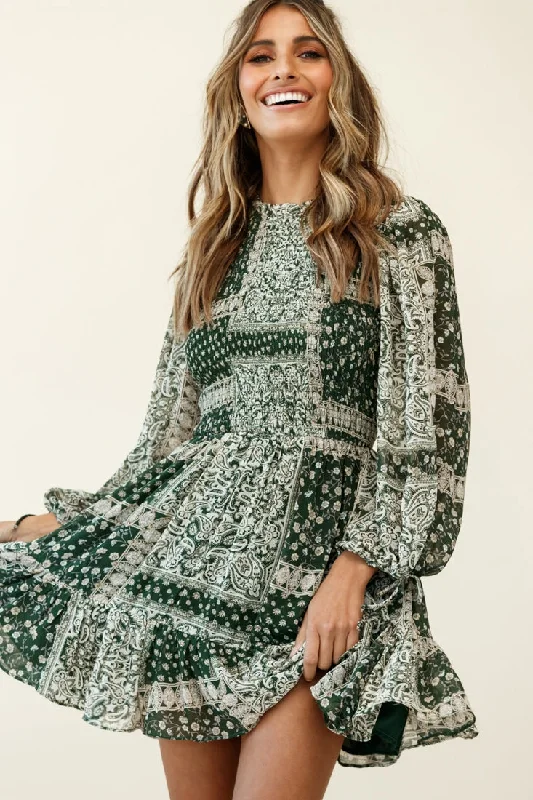 Leather Sexy Maxi Dresses-Marja Long Balloon Sleeve Shirred Dress Paisley Print Forest Green