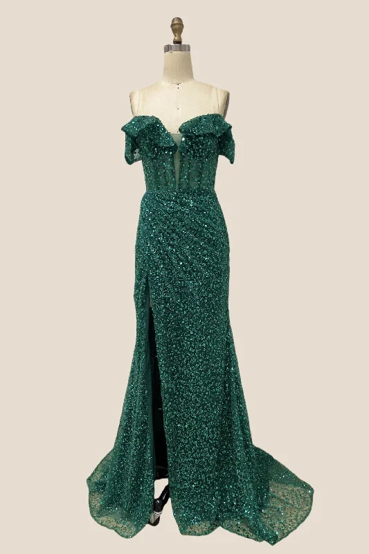 Sexy Date Maxi Dresses-Off the Shoulder Emerald Sequin Long Dress