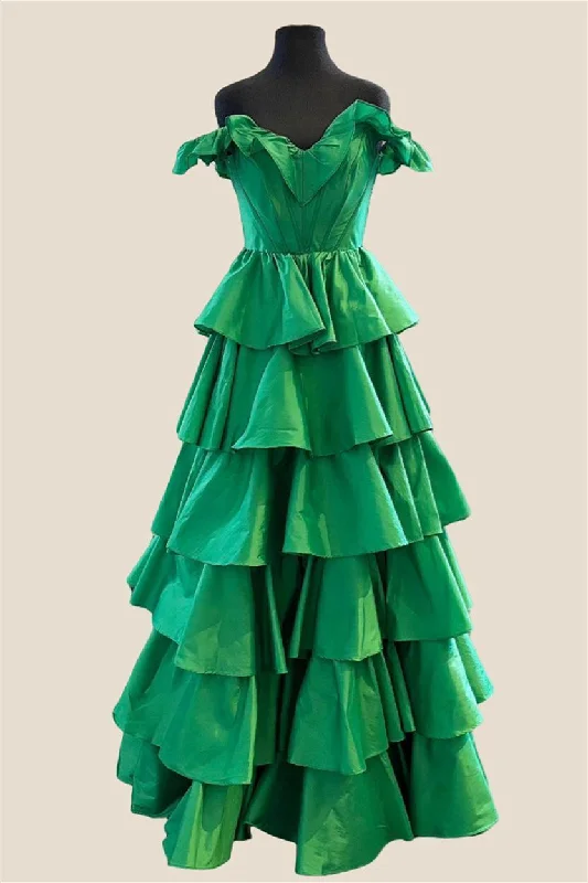 Club Leather Maxi Dresses-Off the Shoulder Emerald Tiered Long Dress with Slit