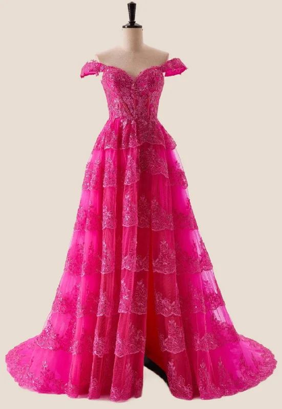 Off Shoulder Party Maxi Dresses-Off the Shoulder Hot Pink Appliques Ruffles Long Dress