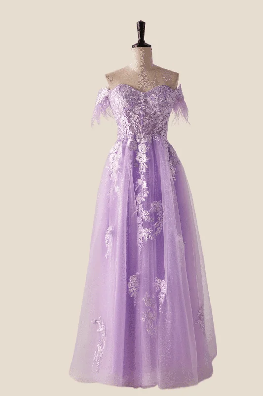 Embroidered Formal Maxi Dresses-Off the Shoulder Lavender Lace Appliques Long Formal Dress