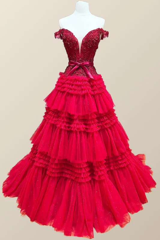 Pink Casual Maxi Dresses-Off the Shoulder Red Appliques Tiered Long Formal Dress