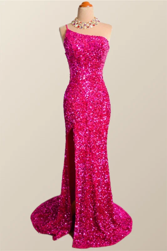 Yellow Winter Maxi Dresses-One Shoulder Fuchsia Sequin Mermaid Long Party Dress