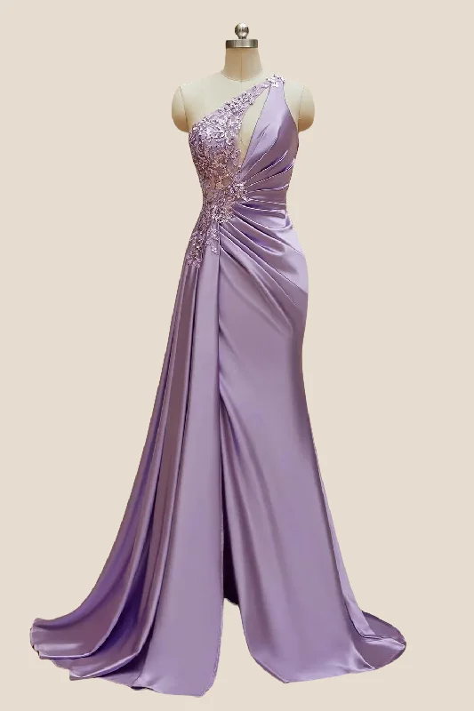 Black Maxi Dresses-One Shoulder Lilac Sequin Ruched Long Dress