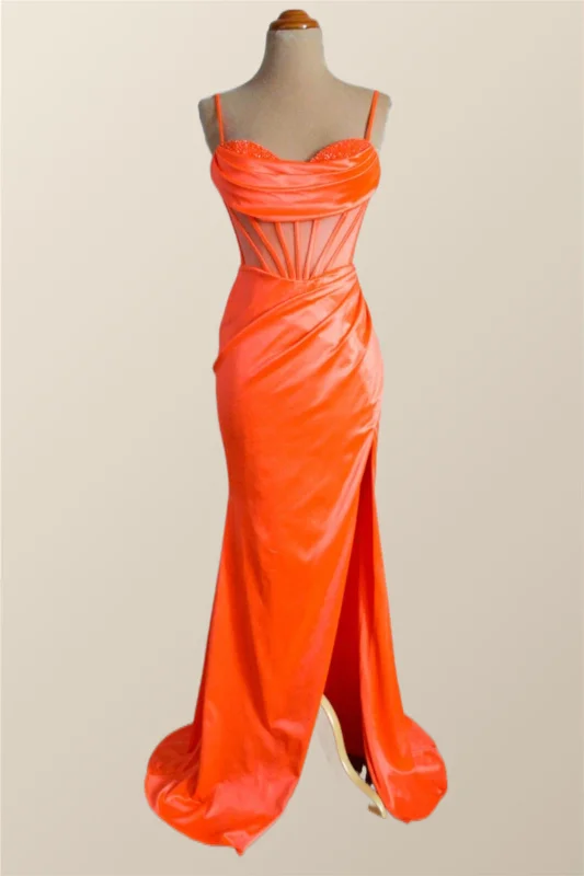 Blue Casual Maxi Dresses-Orange Spaghetti Straps Mermaid Long Formal Dress