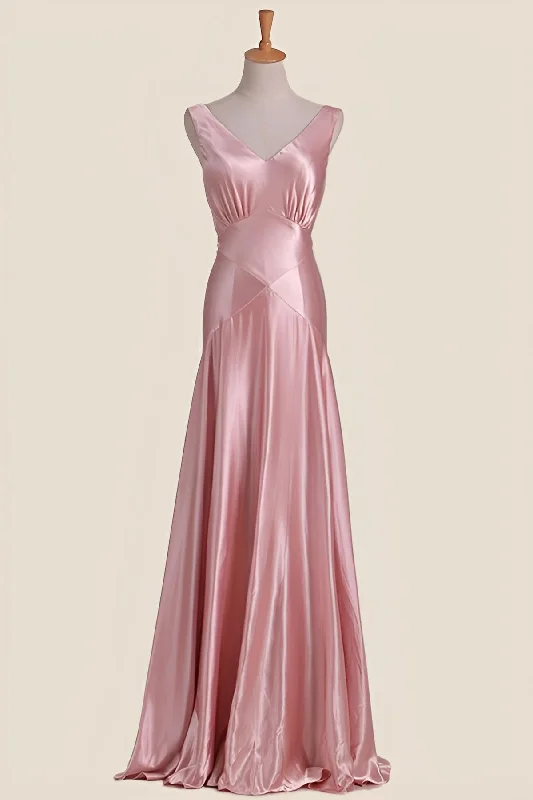 One Shoulder Formal Maxi Dresses-Pink V Neck Sheath Long Party Dress