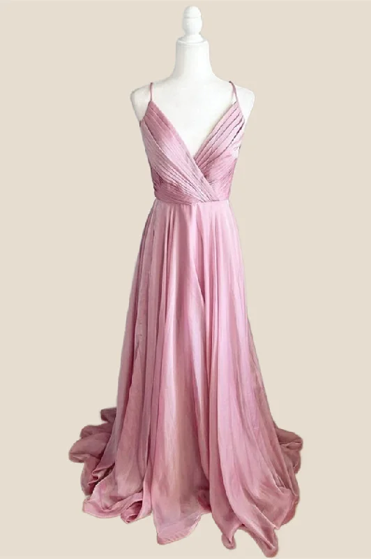 Geometric Party Maxi Dresses-Pleated Pink V Neck Satin Long Party Dress