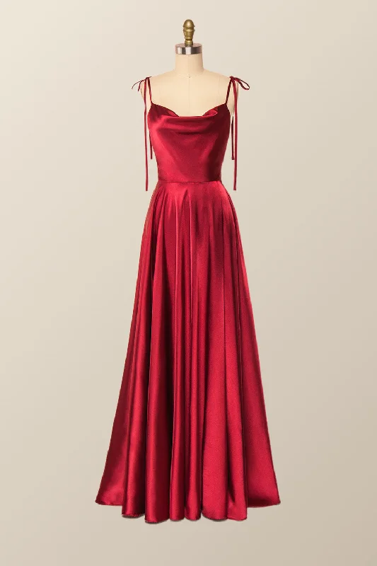 Off Shoulder Party Maxi Dresses-Princess Red A-line Long Dress with Tie Shoulders