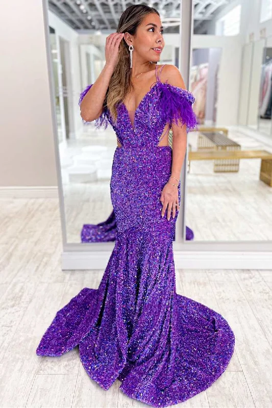 Striped Casual Maxi Dresses-Purple Iridescent Sequin Feather Cold-Shoulder Cutout Mermaid Long Dress