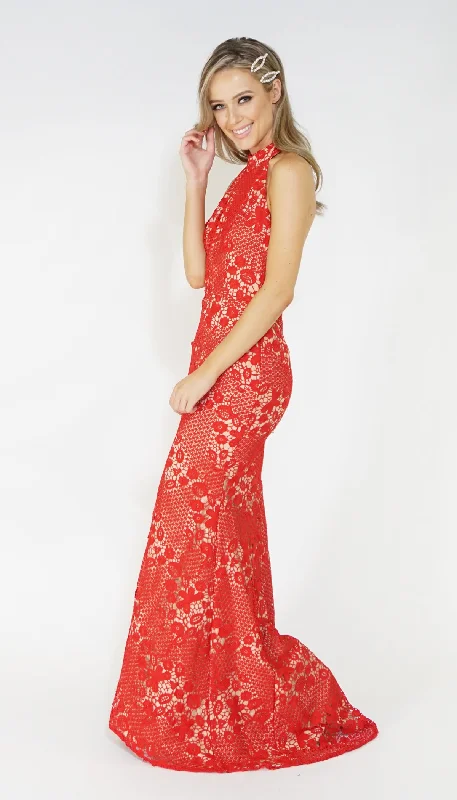 Work Maxi Dresses-Red & Nude Halter Neck Lace Long Dress