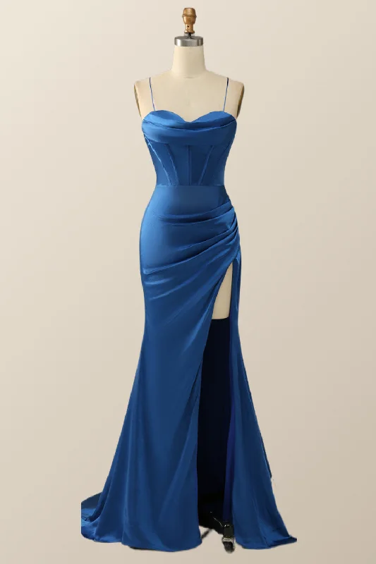 Satin Casual Maxi Dresses-Royal Blue Mermaid Straps Long Dress with Slit