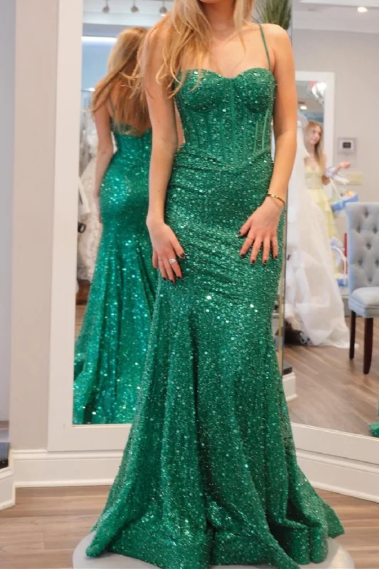 High Neck Winter Maxi Dresses-Green Sequin Mermaid Long Formal Dress