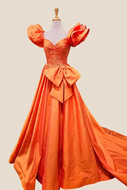 Beach Orange Maxi Dresses-Ruffle Sleeves Orange Bow Long Dress with Slit