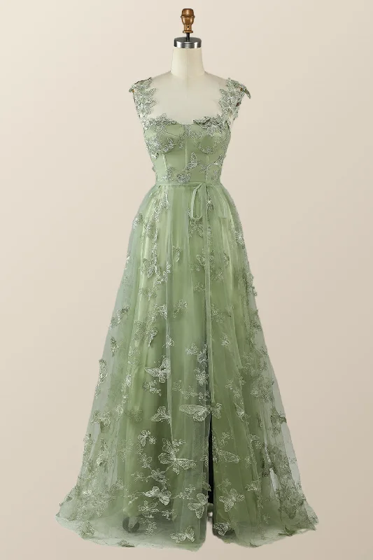 Sexy Summer Maxi Dresses-Sage Green Butterfly A-line Long Formal Dress