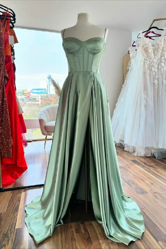 Halter Club Maxi Dresses-Sage Green Corset A-line Satin Long Formal Dress