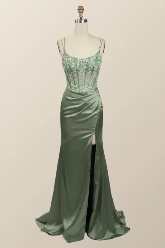 High Neck Boho Maxi Dresses-Sage Green Lace Appliques Mermaid Long Formal Dress