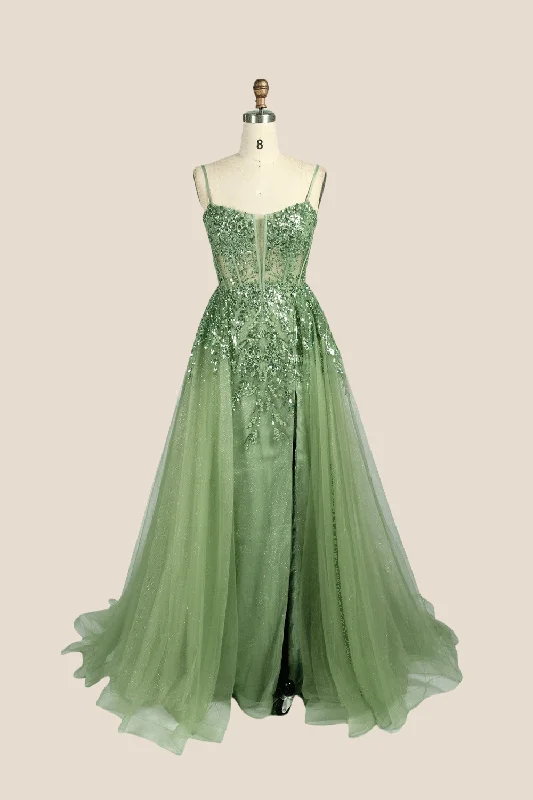 Strapless Work Maxi Dresses-Sage Green Sequin A-line Long Dress with Slit