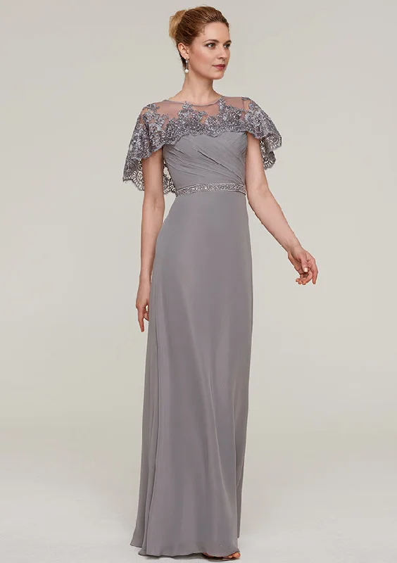 Purple Beach Maxi Dresses-Sheath/Column Bateau Short Sleeve Long/Floor-Length Chiffon Mother of the Bride Dresses With Beading Appliqued