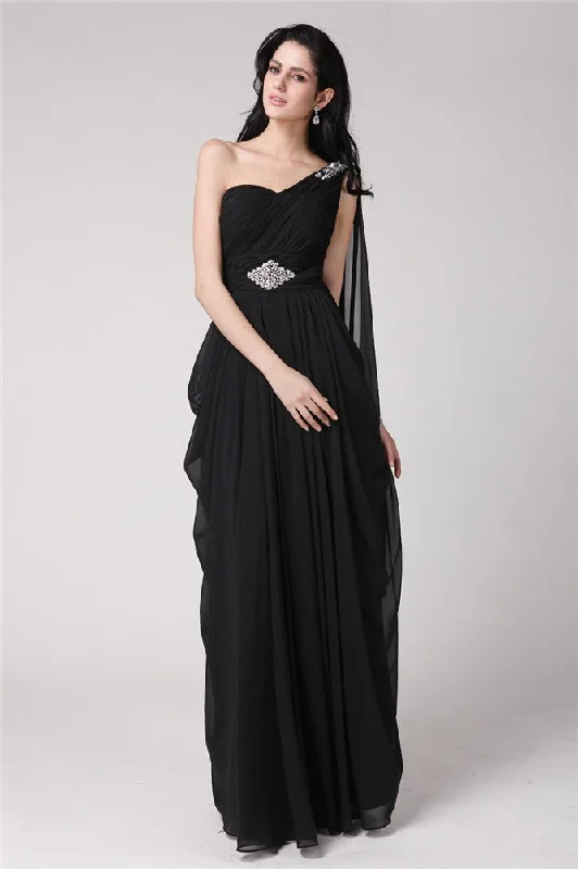 Sexy Maxi Dresses-Sheath/Column One-Shoulder Sleeveless Long Beading Chiffon Dresses