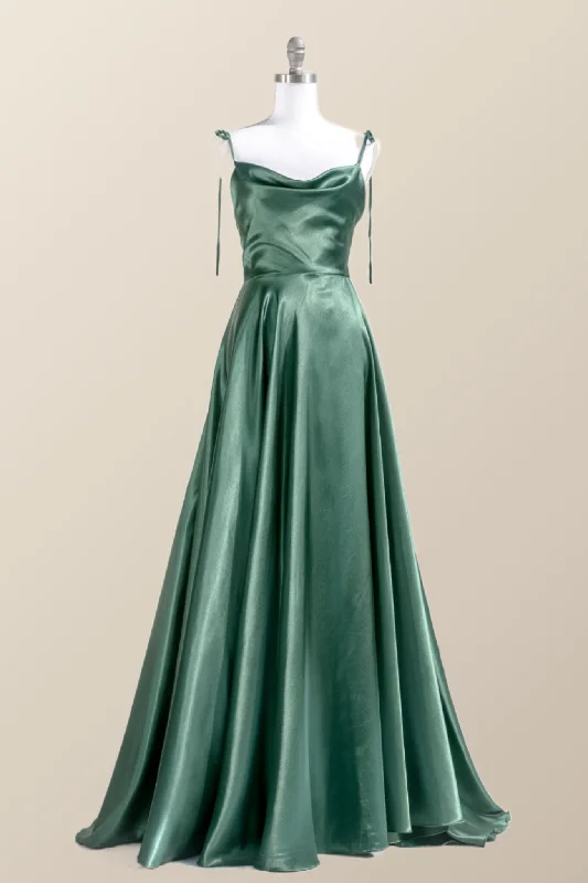 Satin Winter Maxi Dresses-Simply Straps Green Silk Long Party Dress