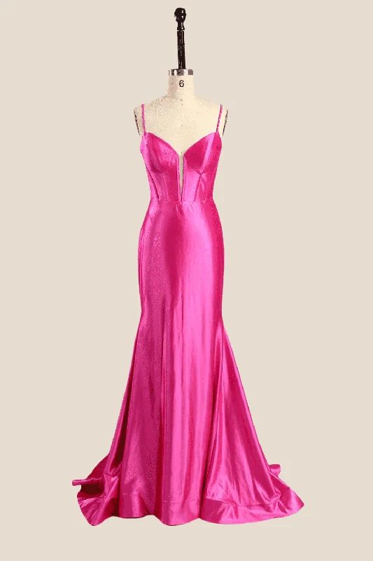 Petite Party Maxi Dresses-Spaghetti Straps Hot Pink Mermaid Long Dress