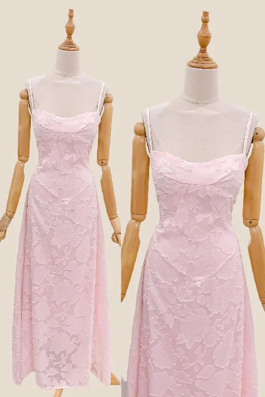 Cotton Party Maxi Dresses-Spaghetti Straps Pink Embroidery Long Dress