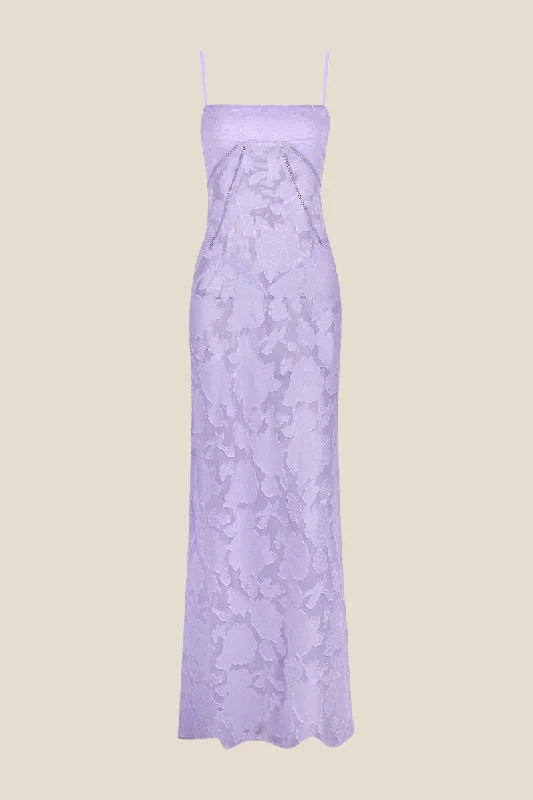 Off Shoulder Winter Maxi Dresses-Spaghetti Straps Lavender Lace A-line Long Dress