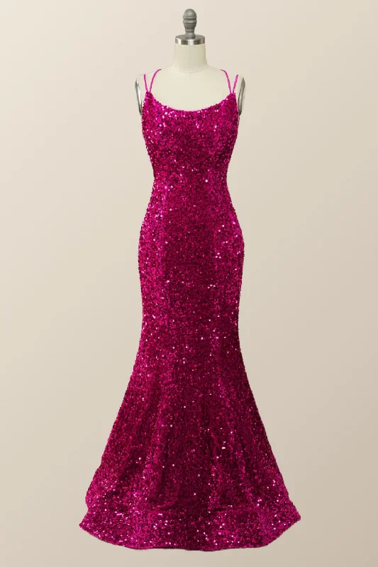 Leather Vintage Maxi Dresses-Sparkle Fuchsia Sequin Mermaid Long Formal Dress