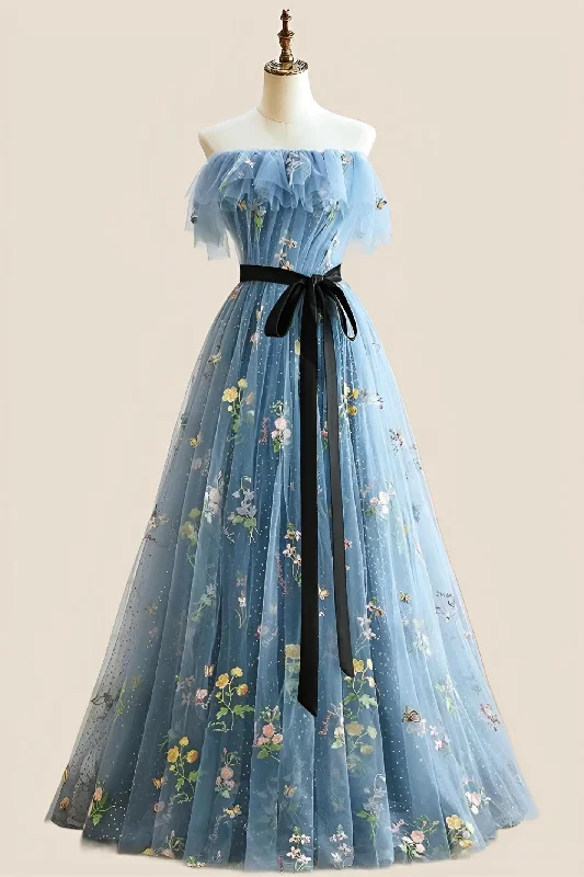 Floral Boho Maxi Dresses-Strapless Blue Floral Fairytale A-line Long Princess Dress