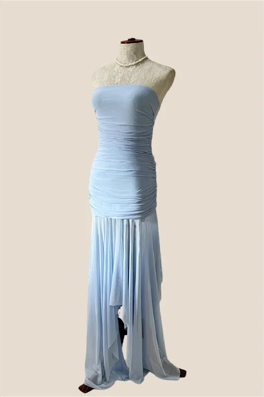 Off Shoulder White Maxi Dresses-Strapless Blue Irregular Hem Ruched Long Dress