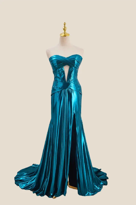 Cheap Maxi Dresses-Strapless Blue Metallic Long Dress with Keyhole