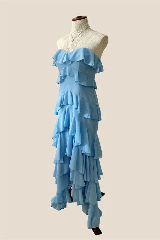 Backless Orange Maxi Dresses-Strapless Blue Ruffle Tiered Long Chiffon Dress