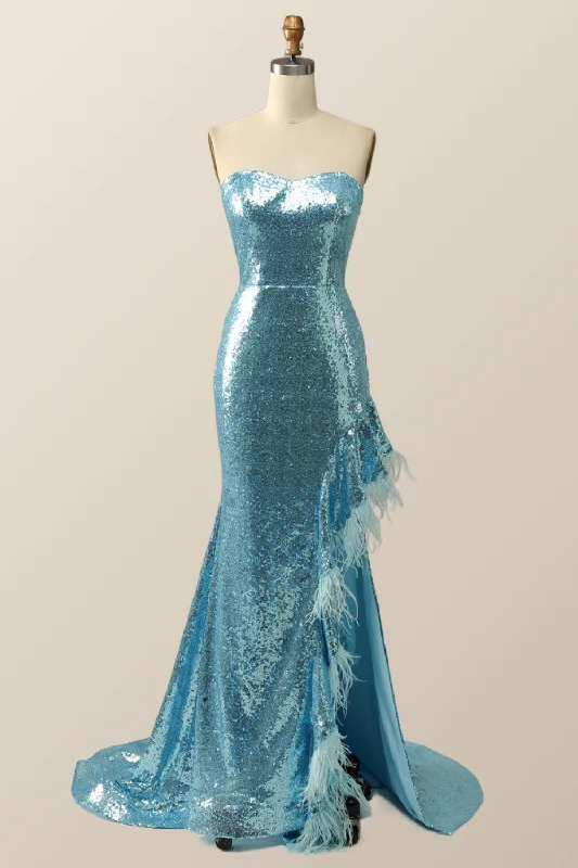 Sexy Beach Maxi Dresses-Strapless Blue Sequin Mermaid Long Formal Dress