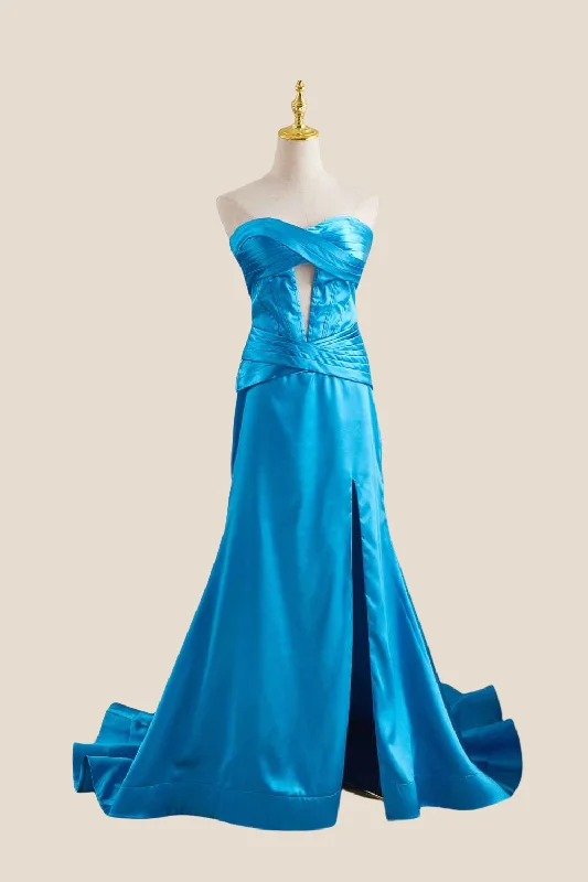 Gold Maxi Dresses-Strapless Blue Twist A-line Satin Long Dress