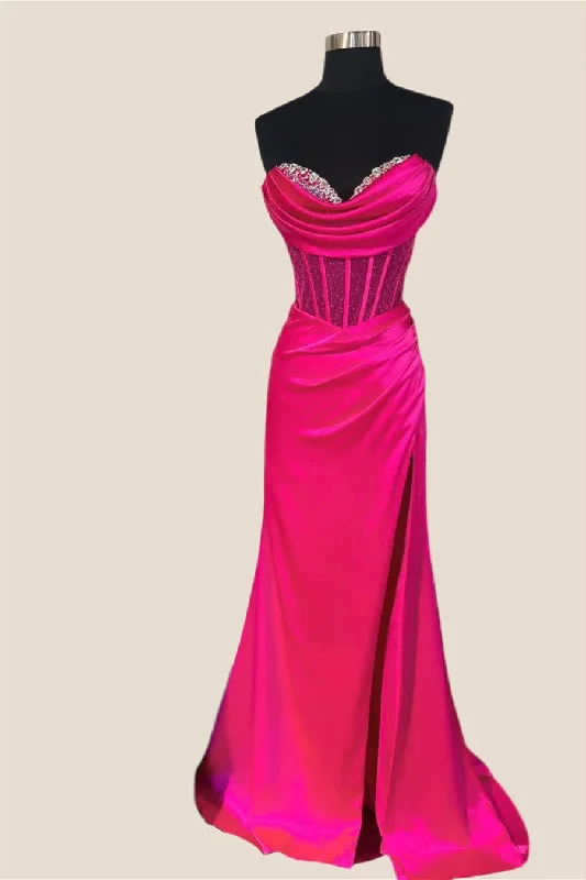 Mesh Grey Maxi Dresses-Strapless Fuchsia Beaded Long Dress with Slit