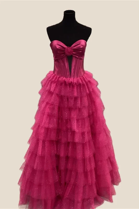 Boho Chiffon Maxi Dresses-Strapless Fuchsia Tiered Tulle Long Dress with Slit