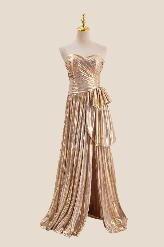 Casual Summer Maxi Dresses-Strapless Gold Pleated Metallic Long Dress