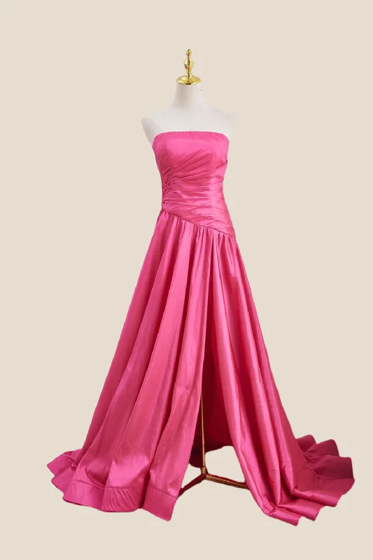 Club Maxi Dresses-Strapless Hot Pink Ruched Long Dress with Slit