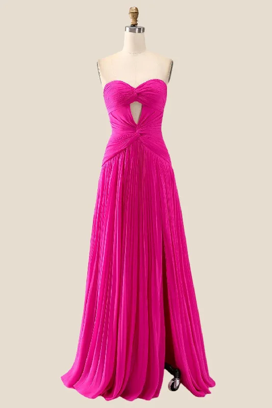 Satin Yellow Maxi Dresses-Strapless Hot Pink Ruched Long Dress with Slit