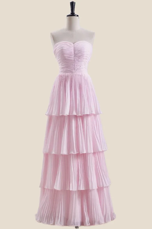 Cheap Formal Maxi Dresses-Strapless Pink Pleated Tiered Long Party Dress