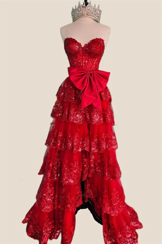 Elegant Embroidered Maxi Dresses-Strapless Red Sequin Tiered Long Dress with Slit