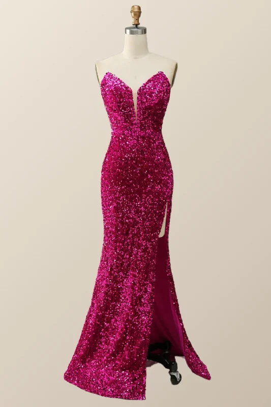 Sleeveless Vintage Maxi Dresses-Strapless Fuchsia Sequin Mermaid Long Formal Dress