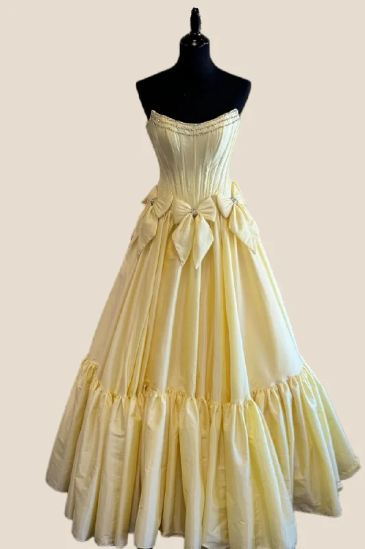 Mesh Ruffle Maxi Dresses-Strapless Yellow Ruffle A-line Long Dress with Bow