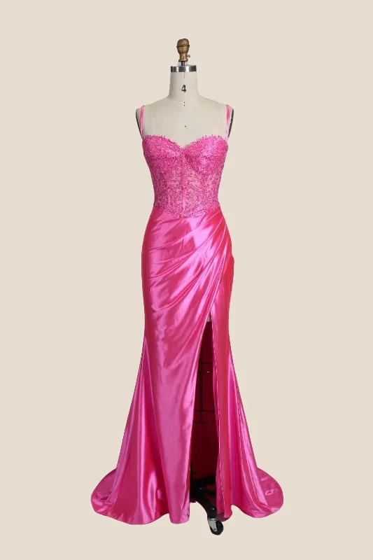 Formal Pink Maxi Dresses-Straps Pink Appliques Ruched Long Dress with Slit