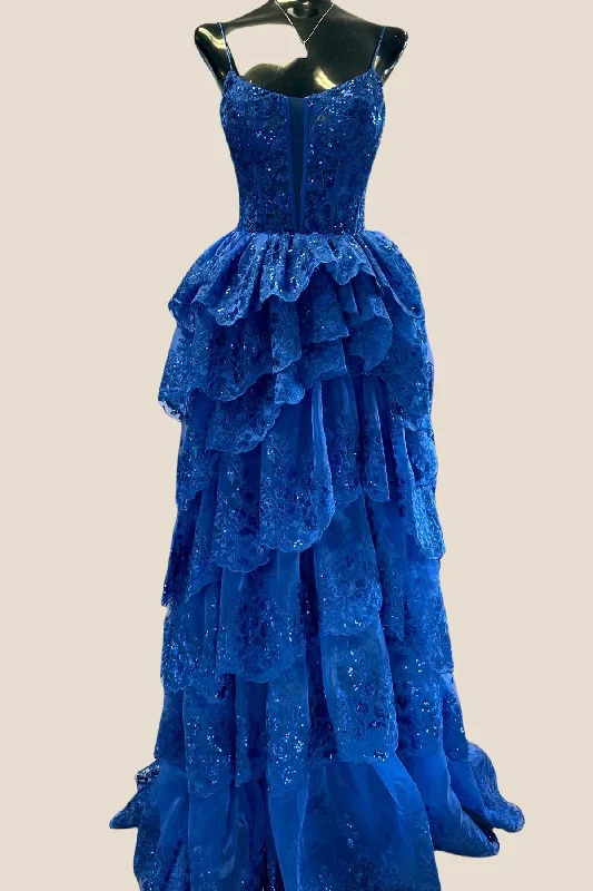 Teens Boho Maxi Dresses-Straps Royal Blue Appliques Ruffles Long Formal Dress