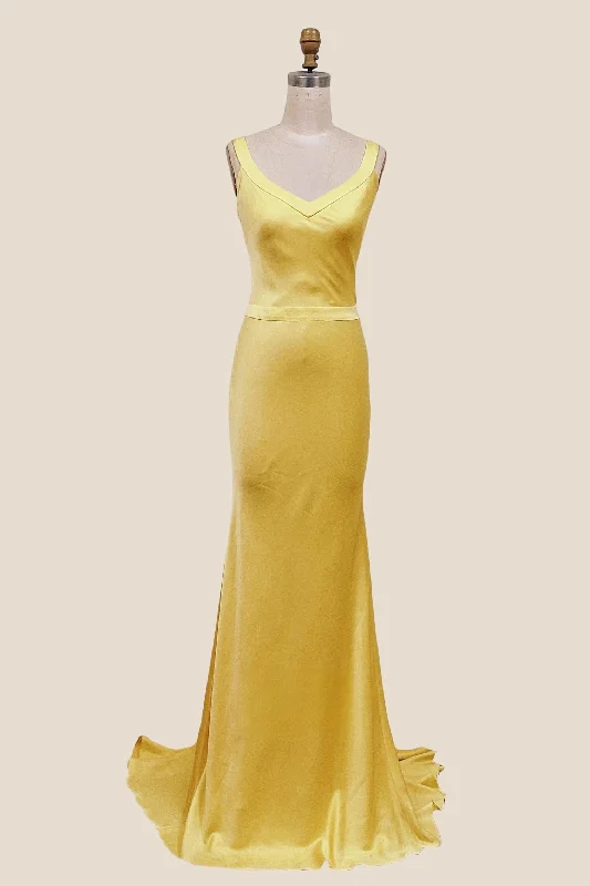 Embroidered Summer Maxi Dresses-Straps Yellow Mermaid Long Formal Dress