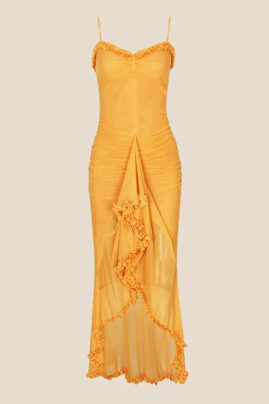 Maternity Vintage Maxi Dresses-Straps Yellow Ruffled Front Irregular Long Dress