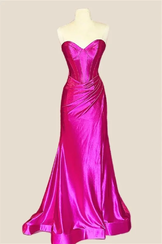 Satin V Neck Maxi Dresses-Sweetheart Fuchsia Ruched Long Dress with Slit